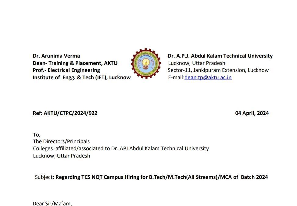 AKTU official Notice tcs