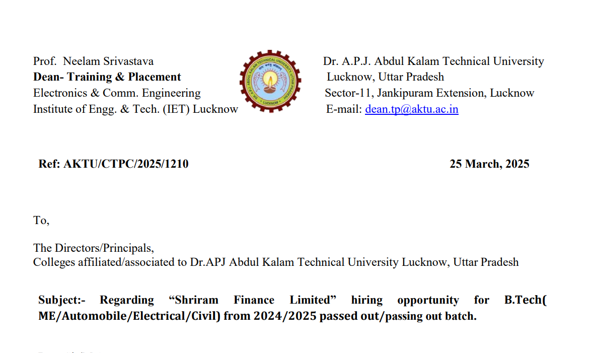 AKTU Official Notice - Regarding "Shriram Finance Limited" hiring opportunity for B.Tech