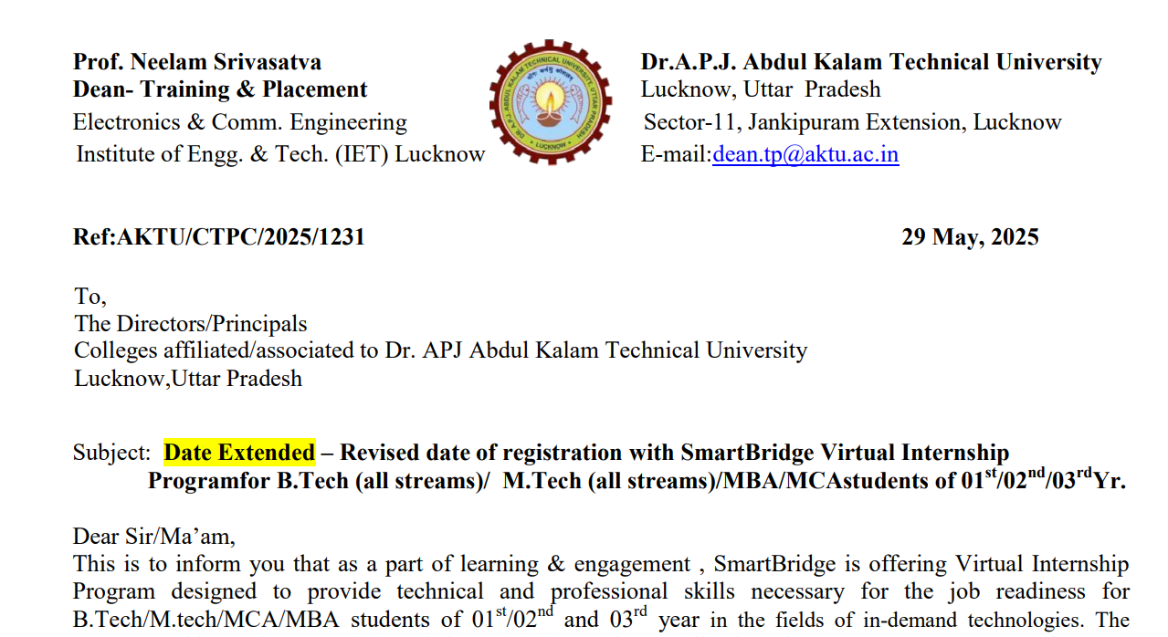 AKTU Official Notice: SmartBridge Virtual Internship Program