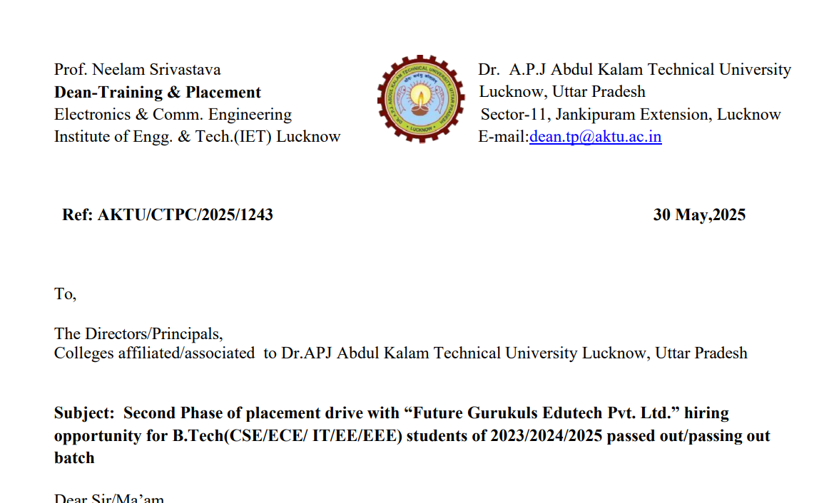AKTU Official Notice: Hiring Opportunity for Btech