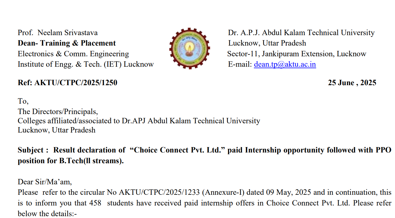 AKTU Official Notice: Result declaration of Choice Connect Pvt. Ltd.