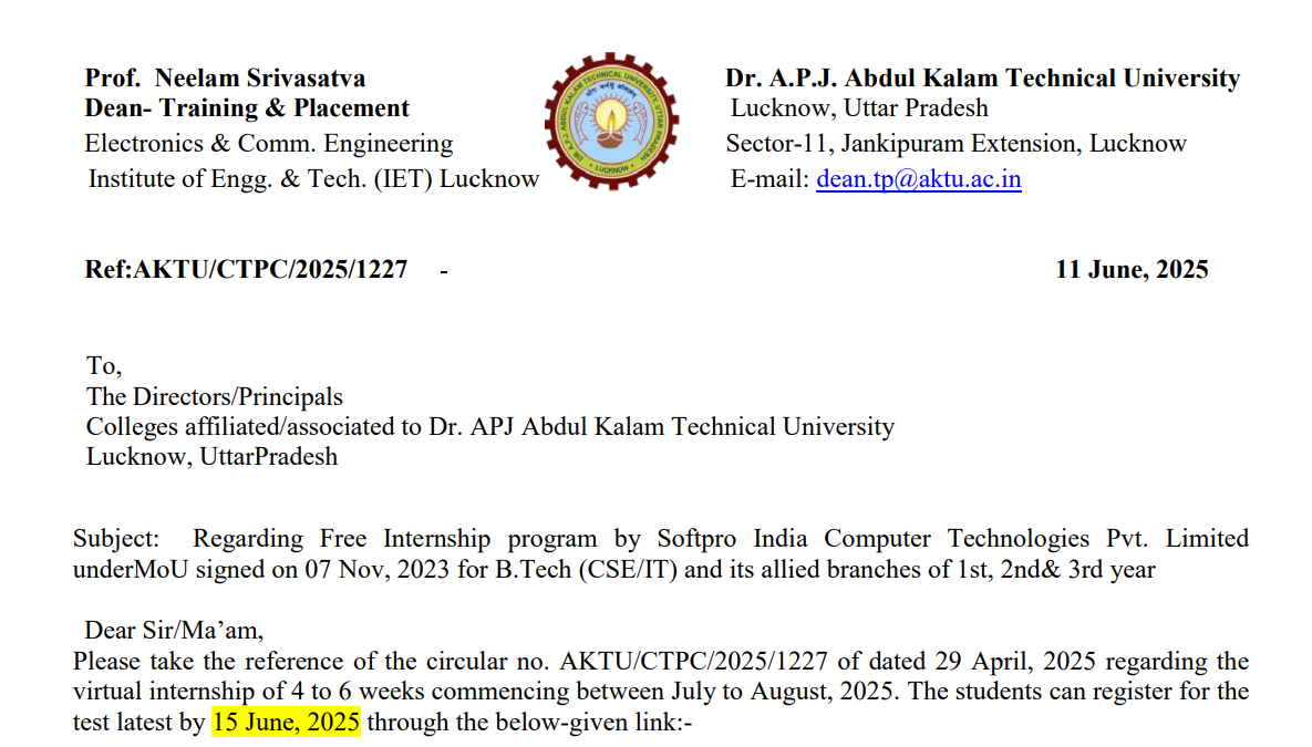 AKTU Official Notice: Free Internship Program Softpro India
