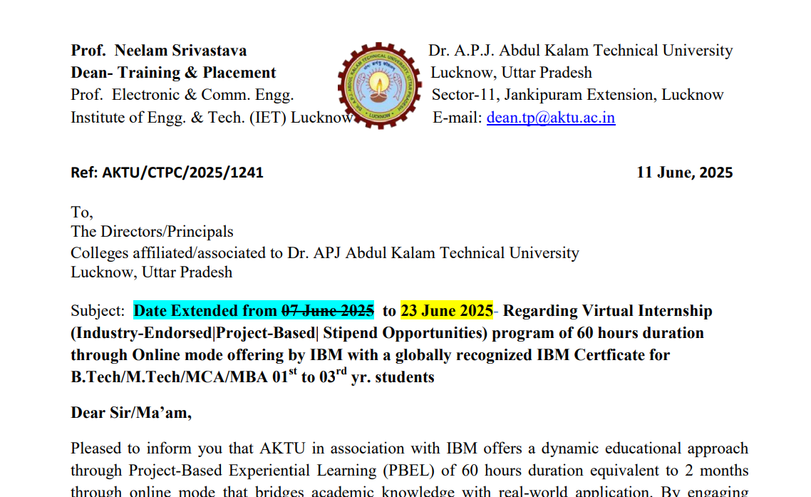 AKTU Official Notice: Virtual Internship Date Extend