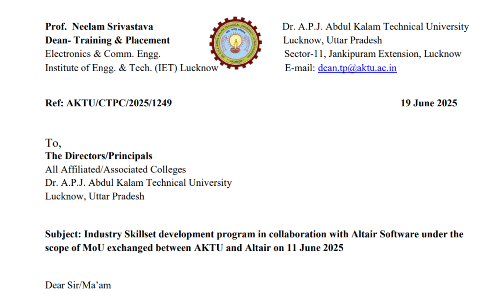 AKTU Official Notice: Industry Skillset development program