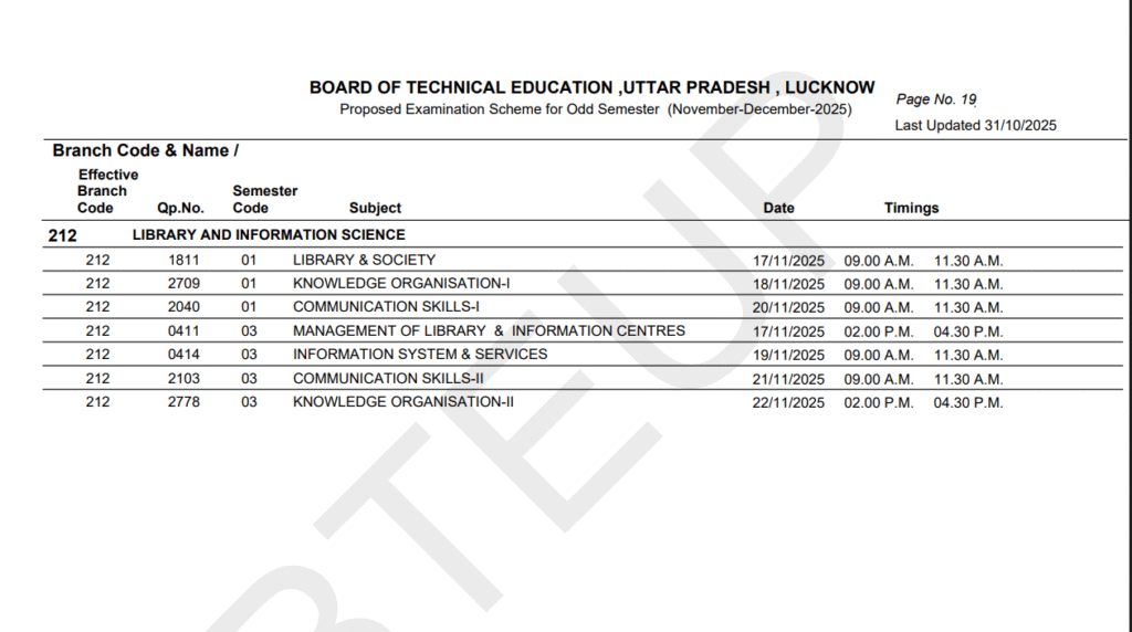 BTEUP Odd Semester 2025-26 Exam Schedule